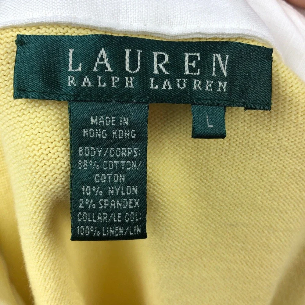 Lauren Ralph Lauren‎ Sweater Womens Large Cotton Linen Yellow White Pullover